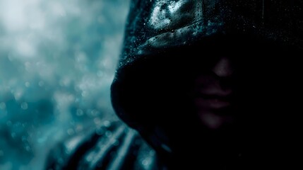 Mysterious hooded figure in the rain face obscured by shadow creating a moody and atmospheric scene