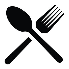 Vector icon of crossed fork and spoon symbol representing restaurant, dining, food service, culinary art, meal time, cooking, kitchen utensils, and hospitality concept isolated on white background.