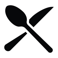 Black and white vector icon of crossed spoon and knife symbol representing restaurant, dining, food service, culinary art, cooking, meal preparation, kitchen utensils, and hospitality concept.