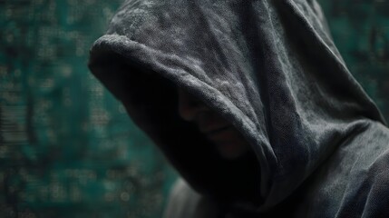 Dark hooded figure hidden in shadow with a blurred background of digital circuits