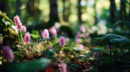 Pink wildflowers in a sunlit forest