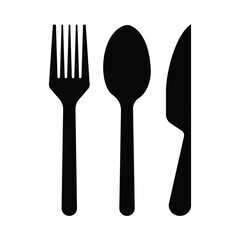 Black and white vector icon of fork, spoon, and knife symbol representing restaurant, dining, food service, culinary art, meal preparation, kitchen utensils, and hospitality concept.