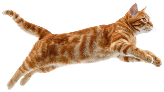 Ginger Tabby Cat in Mid-Air Leap Isolated on Transparent Background Capture Animal Movement