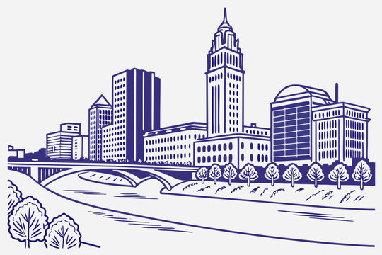 Flat minimalist Columbus Ohio skyline with river view
