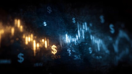 Glowing digital financial charts and currency symbols illustrate market fluctuations and economic trends on a dark abstract background