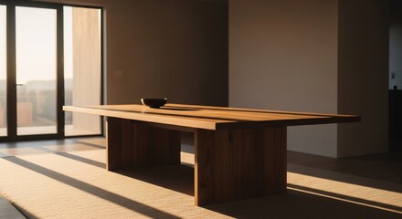 Minimalist interior with wooden table and bowl under sunlight