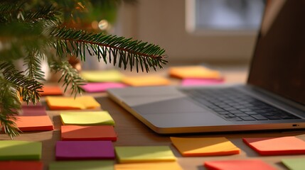 Laptop with sticky notes and christmas tree branch on wooden surface