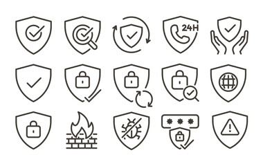 Cybersecurity and data protection icon set. Thin line editable stroke icons for network safety, antivirus, firewall, password, encryption, data privacy, and online security systems.