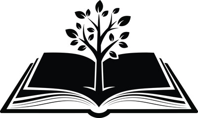 Symbolic tree growing from open book represents knowledge growth and enlightenment flat design vector illustration white background