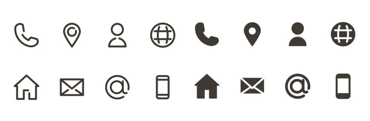 Contact information icon set. Web icons, thin line editable stroke, flat. home, call, email, address, location, globe, message, envelope, mobile, telephone, website. Business card, contact us elements