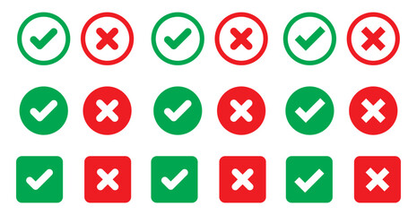 Right or wrong icons. Green tick and red cross checkmarks. Yes or no symbol, approved or rejected icon for user interface.
