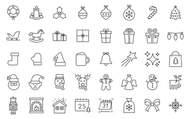 Christmas icon set. Thin line editable stroke icons for festive decorations, gifts, ornaments, xmas holiday symbols and graphic elements.