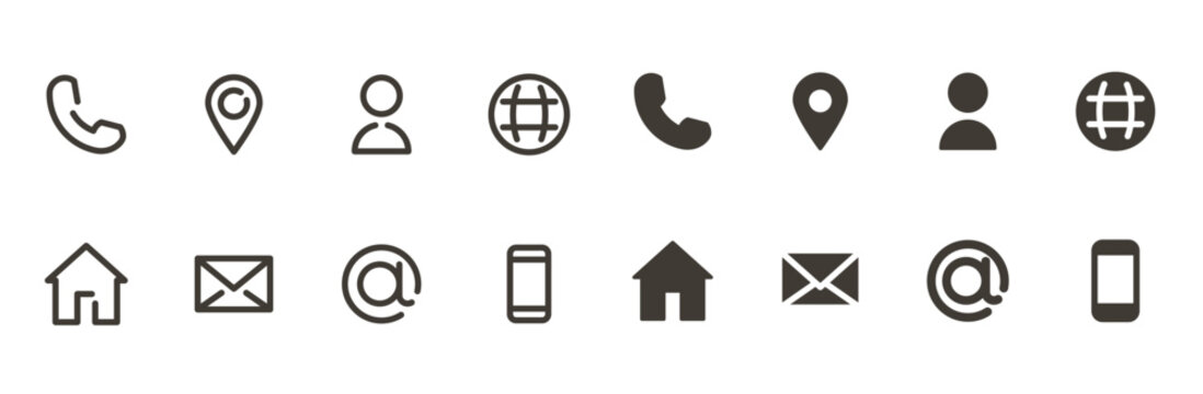 Contact information icon set. Web icons, thin line editable stroke, flat. home, call, email, address, location, globe, message, envelope, mobile, telephone, website. Business card, contact us elements