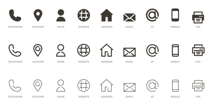 Business card and contact information icon set graphic elements. Flat filled and thin line editable stroke icons for phone, email, address, location, website, fax, and personal data symbols.
