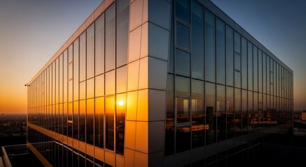 Modern architecture building exterior with glass windows at sunset
