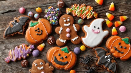 halloween cookies and candy on wood