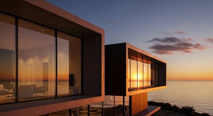 Modern architecture coastal home at sunset with ocean view