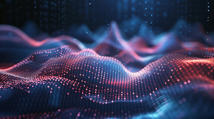 A futuristic abstract landscape composed of glowing digital particles forming undulating waves, with a vibrant interplay of blue and red light, representing data flow, network connections, or technolo
