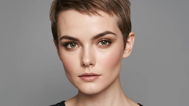 Close-up studio portrait of a beautiful young woman with a short pixie haircut and natural makeup, looking confidently at the camera against a plai...
