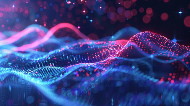 A futuristic abstract landscape composed of glowing digital particles forming undulating waves, with a vibrant interplay of blue and red light, representing data flow, network connections, or technolo