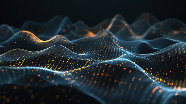 A futuristic abstract landscape composed of glowing digital particles forming undulating waves, with a vibrant interplay of blue and red light, representing data flow, network connections, or technolo