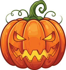 Scary Halloween pumpkin illustration — glowing jack-o’-lantern face with sharp teeth and curly stem, perfect for spooky decorations