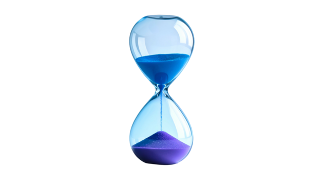 Hourglass filled with blue & purple sand, set against a black background. Glass is clear