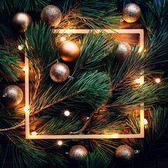 Tight frame on pine needles interspersed with gleaming decorations and luminous strands