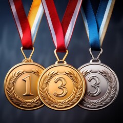 Three medals in gold, silver, and bronze, featuring ribbons in matching colors