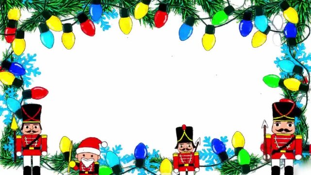 retro cartoon border of flashing lights snowflakes and toy soldiers evoking 90s tv cards and warm holiday nostalgia for design overlays