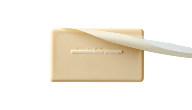 A beige rectangular bar with a peeling white top layer against a black backdrop