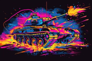 Naklejka premium The tank is in battle, firing at the enemy. Object with colorful splashes on black background. Neural network ai generated art