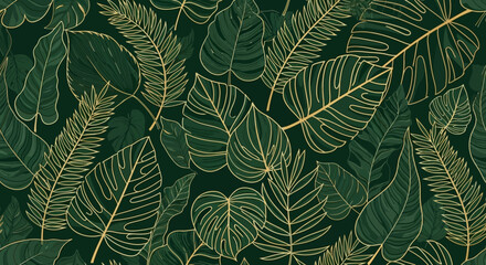 Stoffe zum Nähen Elegant dark green tropical leaves with gold outline pattern