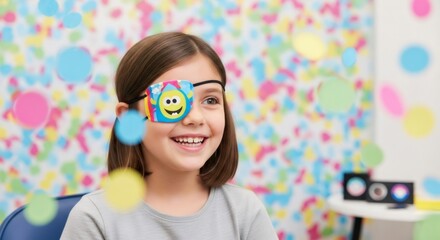 Smiling young girl wearing an eye patch for amblyopia during an ophthalmology examination. Pediatric eye care and vision correction concept.