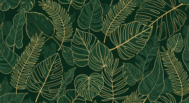 Elegant dark green tropical leaves with gold outline pattern