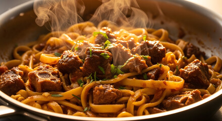 Close up of steaming pasta dish with meat sauce and garnish in a silver pan ready to be served