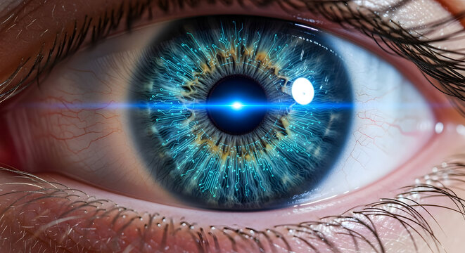 Close up of a human eye with digital circuit patterns and a bright blue light in the center