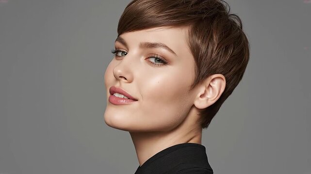 Confident Young Woman with Stylish Short Pixie Haircut and Natural Beauty Portrait on Gray Background