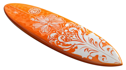 Tropical Surfboard Art Orange Board with Hibiscus and Floral Pattern Design