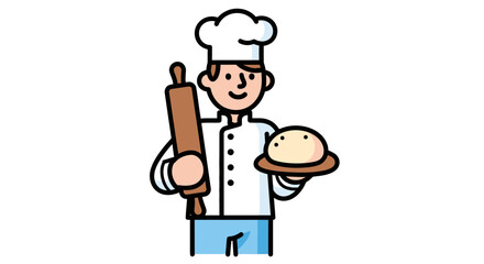 Fototapeta premium Cartoon Baker Holding Dough And Rolling Pin Ready To Begin The Baking Process