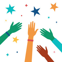 Diversity hands reaching for stars equality teamwork unity vector illustration
