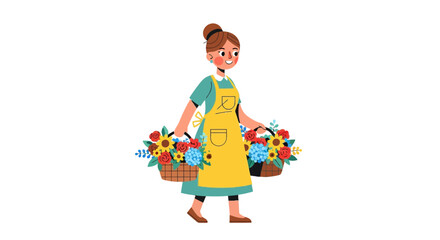 Cartoon Florist Carrying Wicker Baskets Full Of Colorful Flowers And Standing Alone