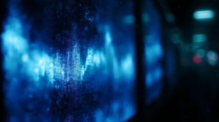 Abstract blue digital patterns and glowing energy forms emanate from a highly detailed futuristic screen with blurred background bokeh lights
