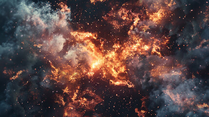 A spectacular cosmic explosion of fiery orange and red nebulae, billowing through dark space with sparkling stars, depicting a dynamic and powerful celestial event or the birth of new stars in a dista