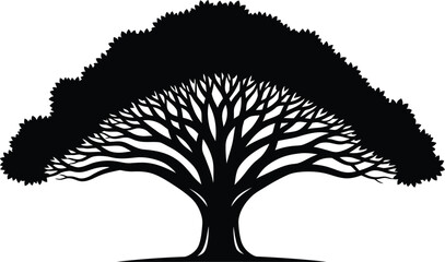 Naklejka premium Stylized silhouette of a majestic spreading tree with intricate branches and full crown flat design vector illustration white background