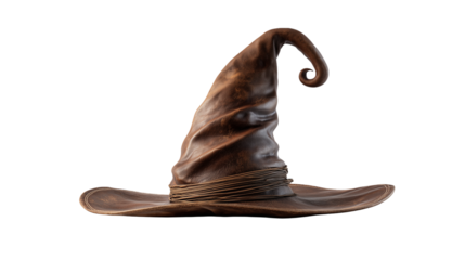 Worn leather wizard hat sitting on a simple surface with a curled tip and decorative band Generative AI