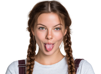 Young girl making a playful face with her tongue out, showcasing a fun personality and vibrant energy in a cheerful setting Generative AI