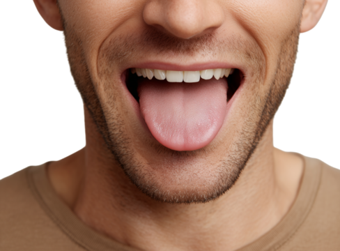Close-up of a man displaying a playful expression with his tongue out, showcasing a light-hearted moment Generative AI