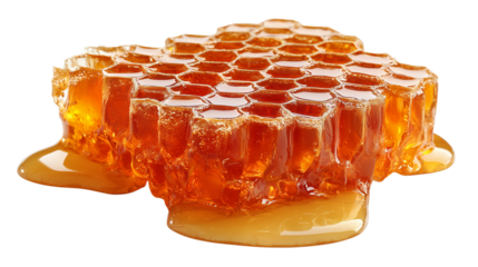 Golden honeycomb dripping with fresh honey gathered from wildflower blooms in a sunny countryside setting Generative AI