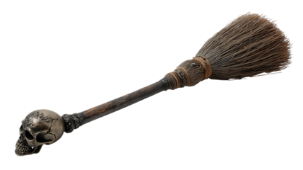 Unique decorative broom with a skull handle designed for spooky themes and Halloween decorations Generative AI